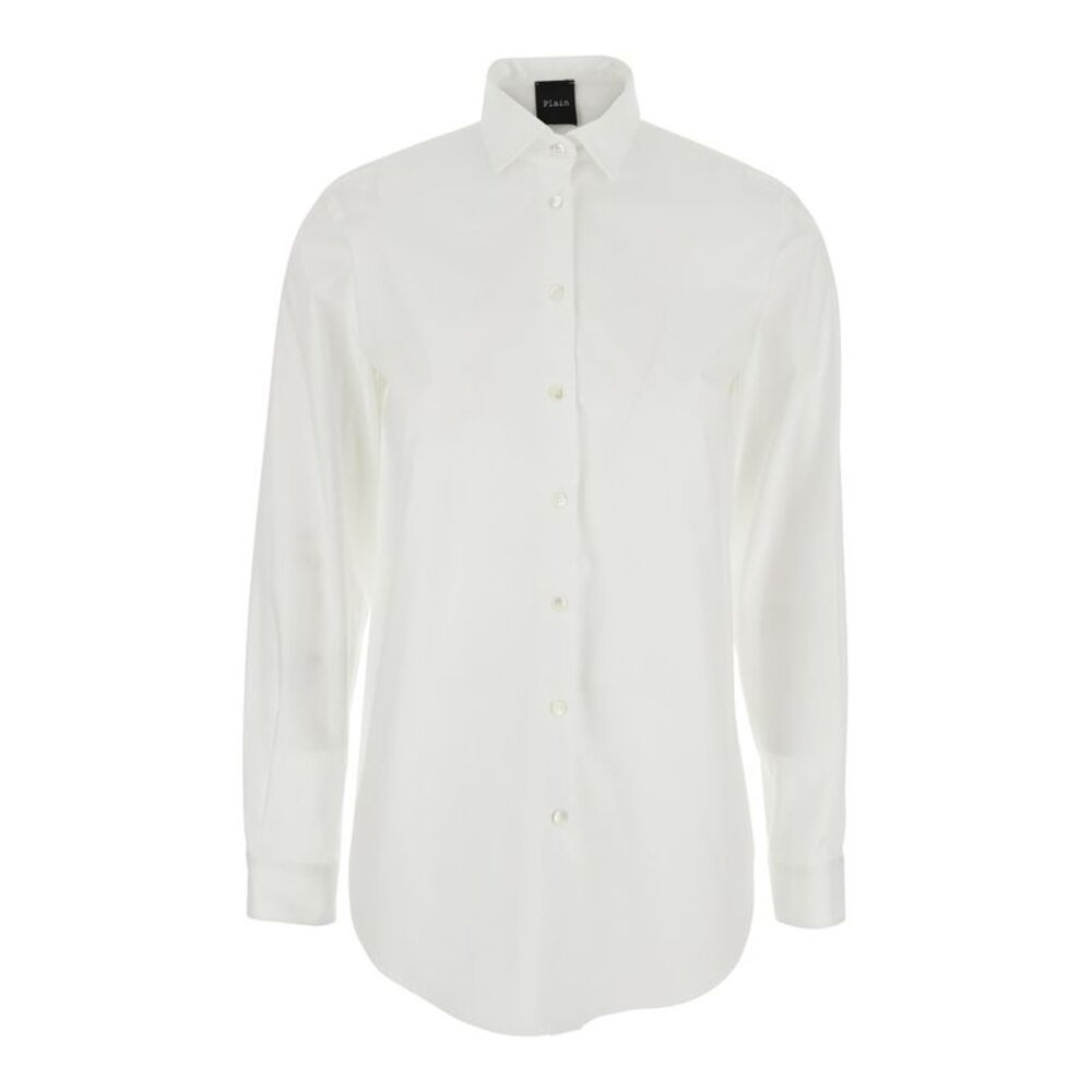 Plain Women White Shirt With Classic Collar And Curved Hem In Cotton Woman